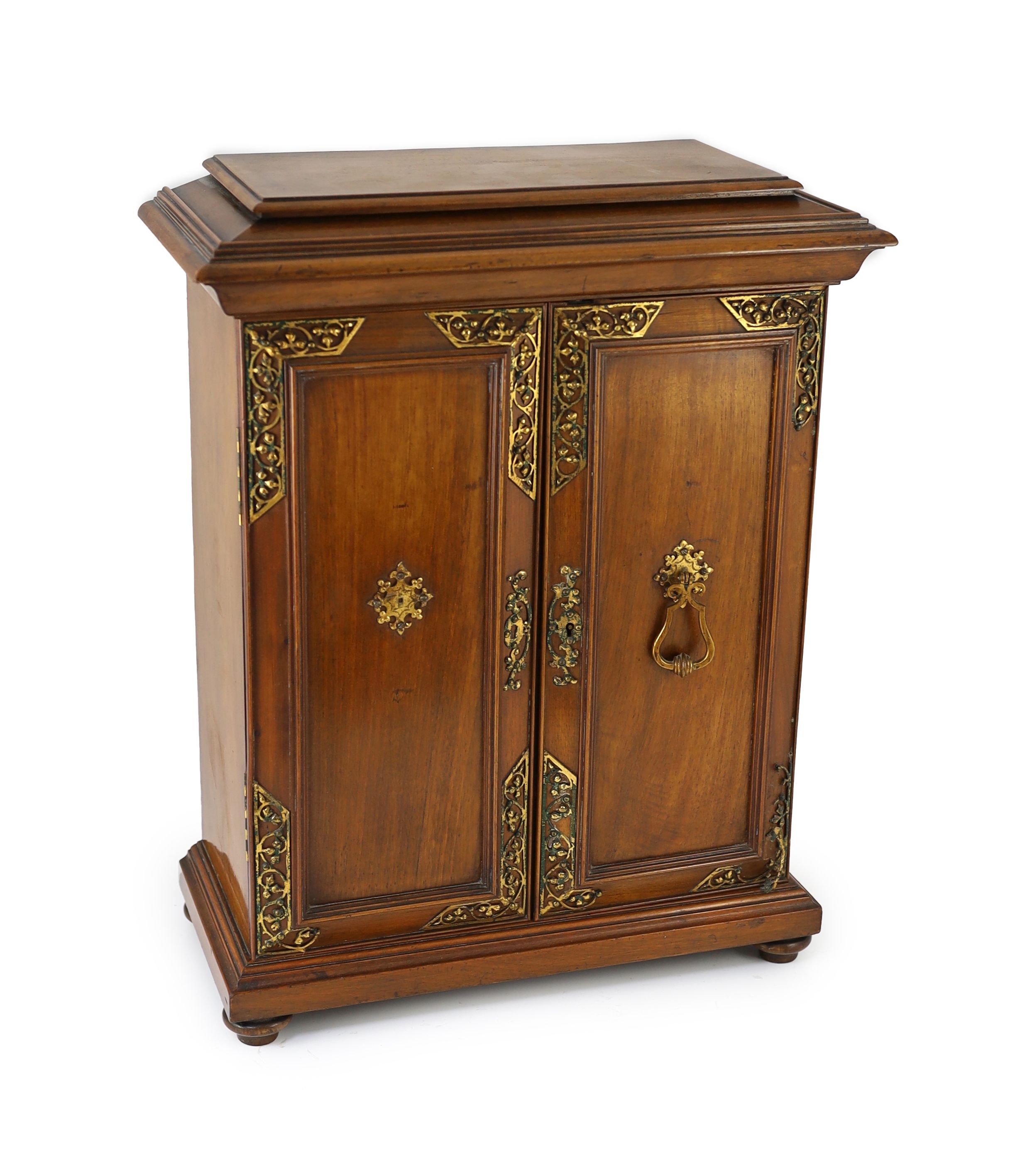 A late 19th century gilt metal mounted walnut games cabinet, W.40cm D.19cm H.49cm